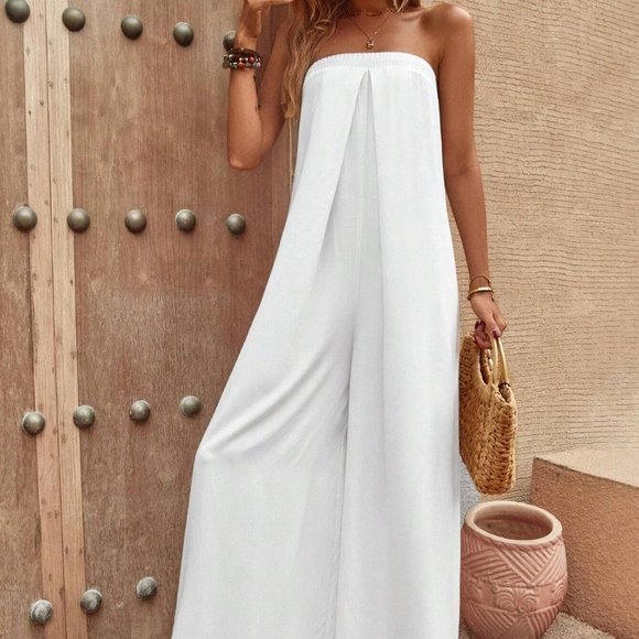 white Contemporary Tie Back Tube Wide Leg Jumpsuit - Picture 3 of 5